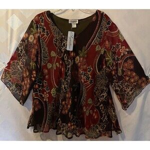 NWT SIGNATURE Red Multi Asian Flowers Sequined Chiffon Blouse Size 3X